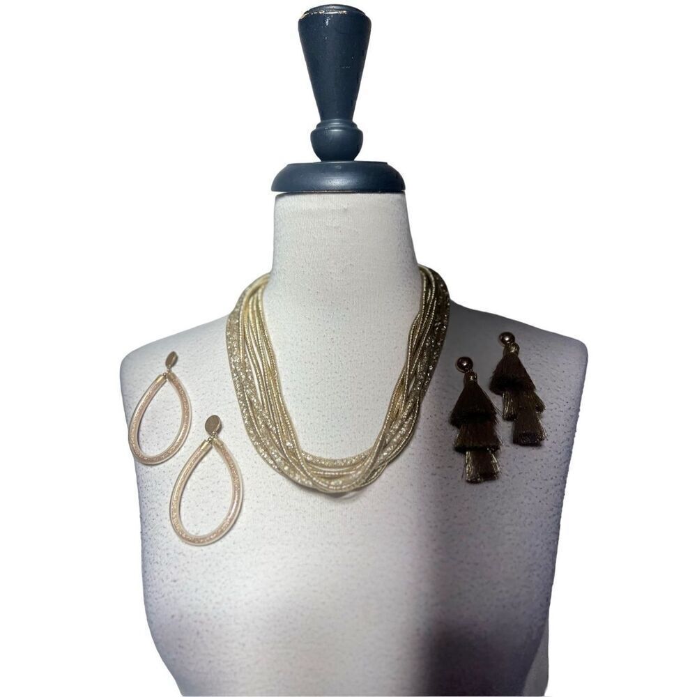 Multi-strand Gold Metallic Necklace with Two Pair Matching Earrings